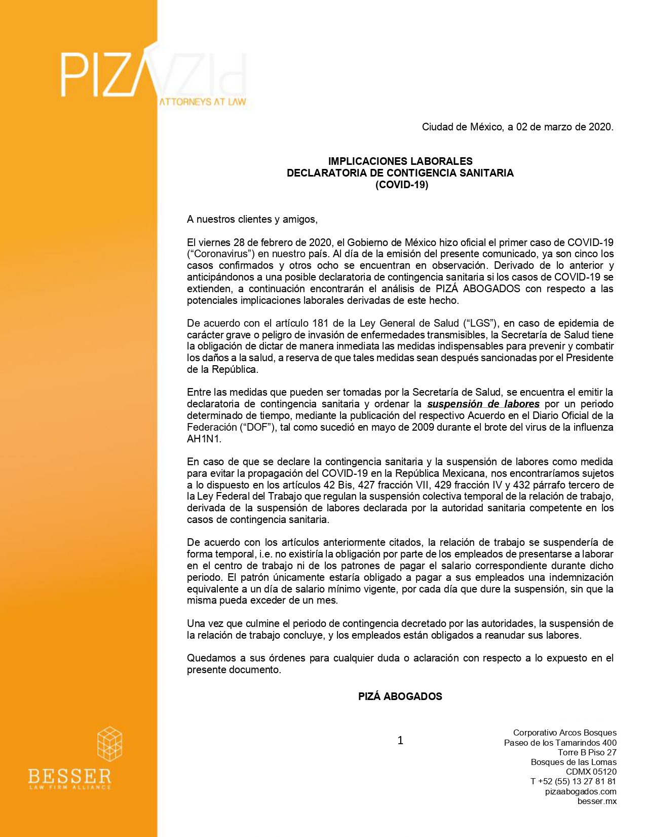 Implicaciones Laborales Declaratoria de Contingencia Sanitaria (Covid-19)