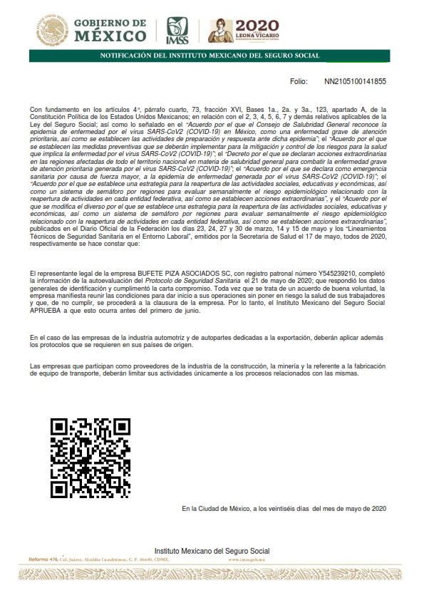 Pizá Abogados socio experto en Derecho Laboral, completó la información de la autoevaluación del Protocolo de Seguridad Sanitaria el 21 de mayo de 2020 requerida por el IMSS, para iniciar actividades antes del 01 de junio del año en curso.