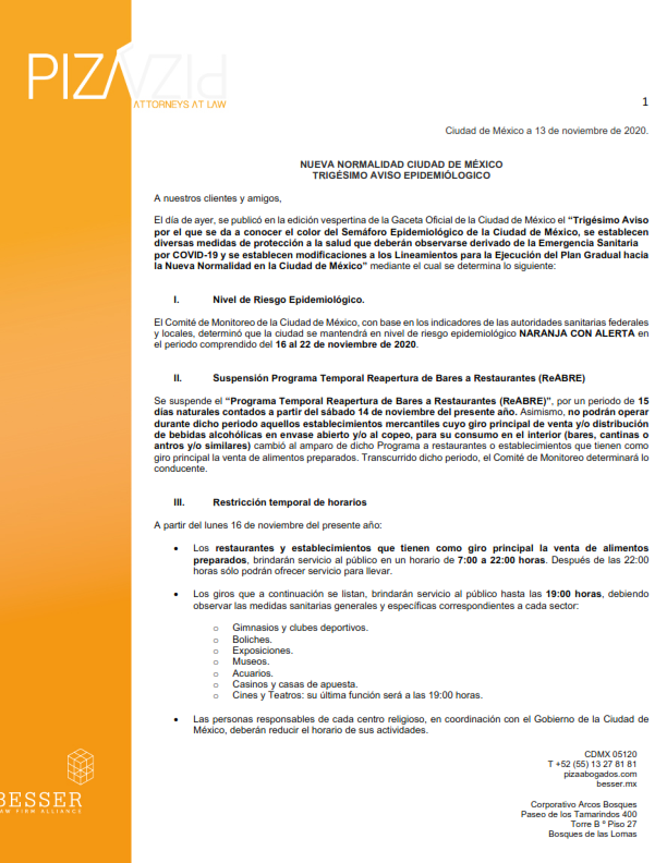 Trigésimo Aviso Epidemiológico Ciudad de México (13 de noviembre de 2020)