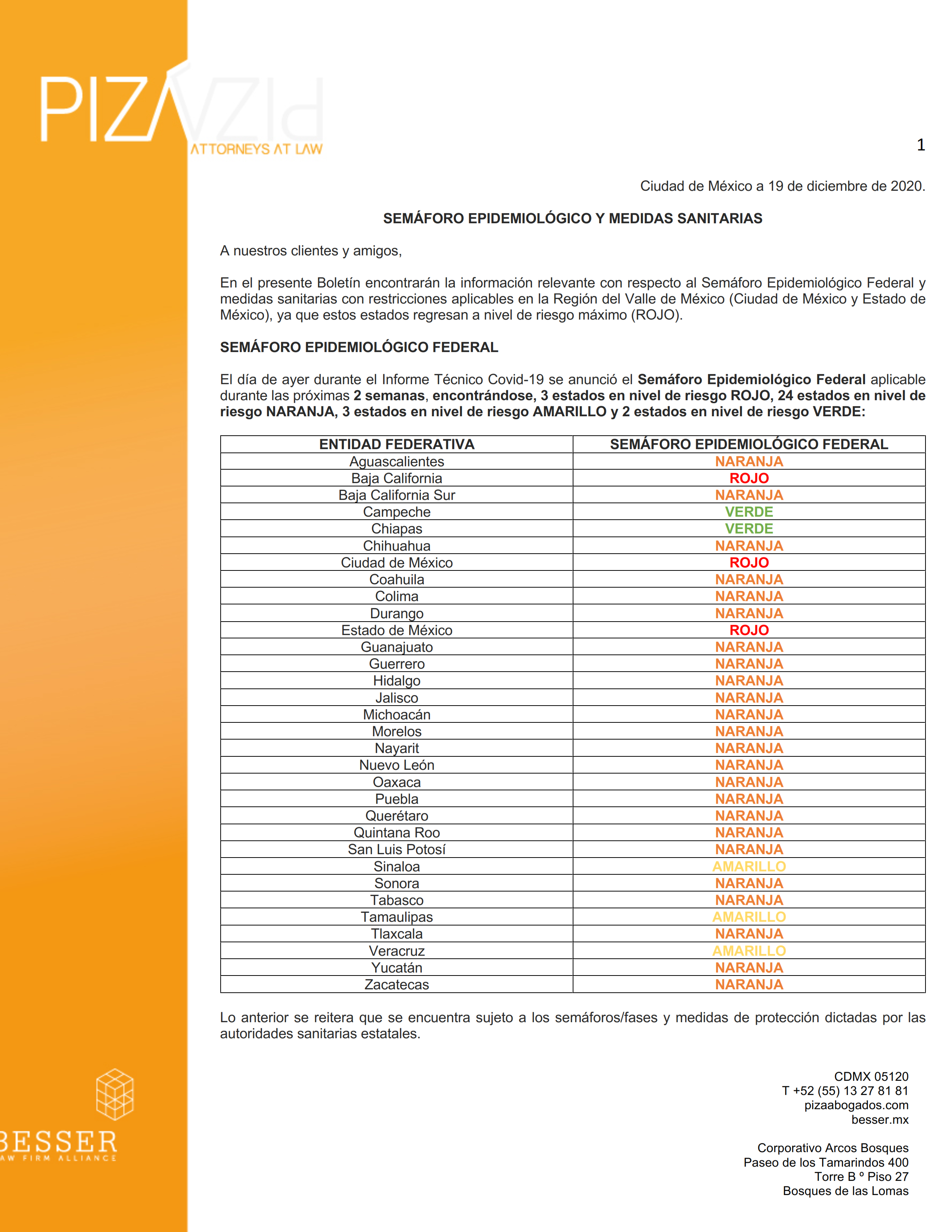 Semáforo Epidemiológico - Nivel Federal y Valle de México (19 diciembre de 2020)